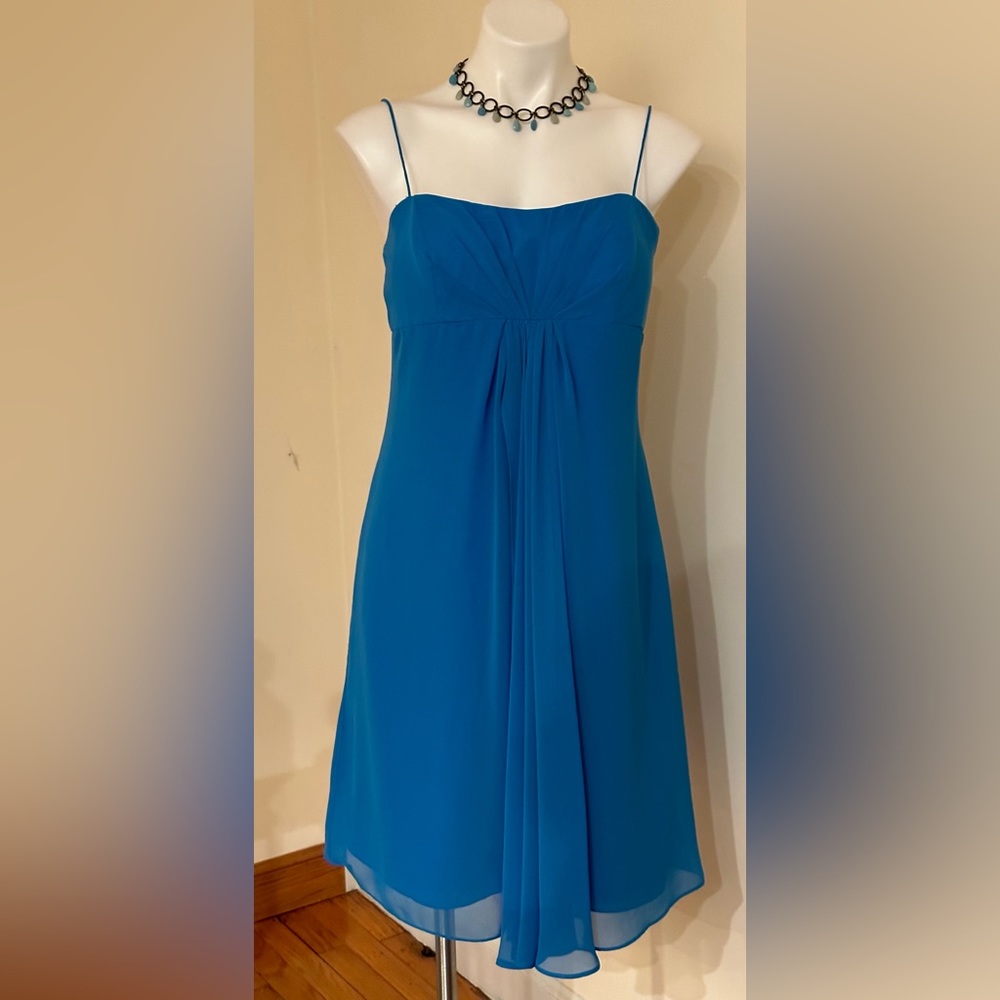 Alfred Angelo Marine Blue Sheer Baby Doll/Shift Midi Dress Sz 10 Draped …